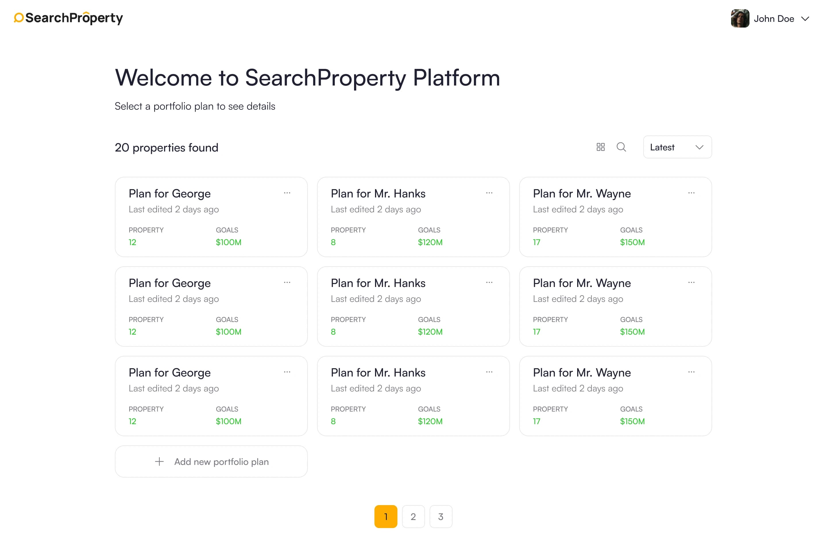 Search Property portfolio plans interface