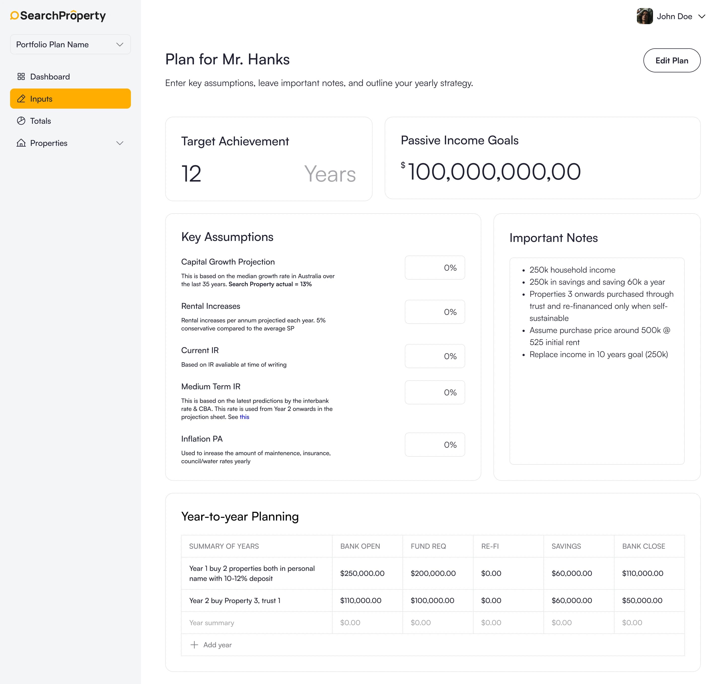 Search Property inputs and planning workflow