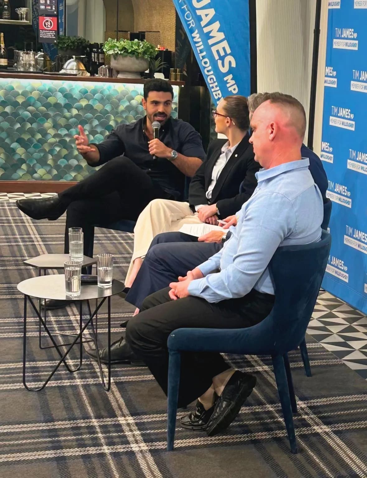 George talking about AI for flooring installers with Tim James MP in Doltone House, Sydney, Australia